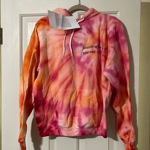 Handmade one of a kind tie dyed orange and red hoody sweat shirt with a saying.